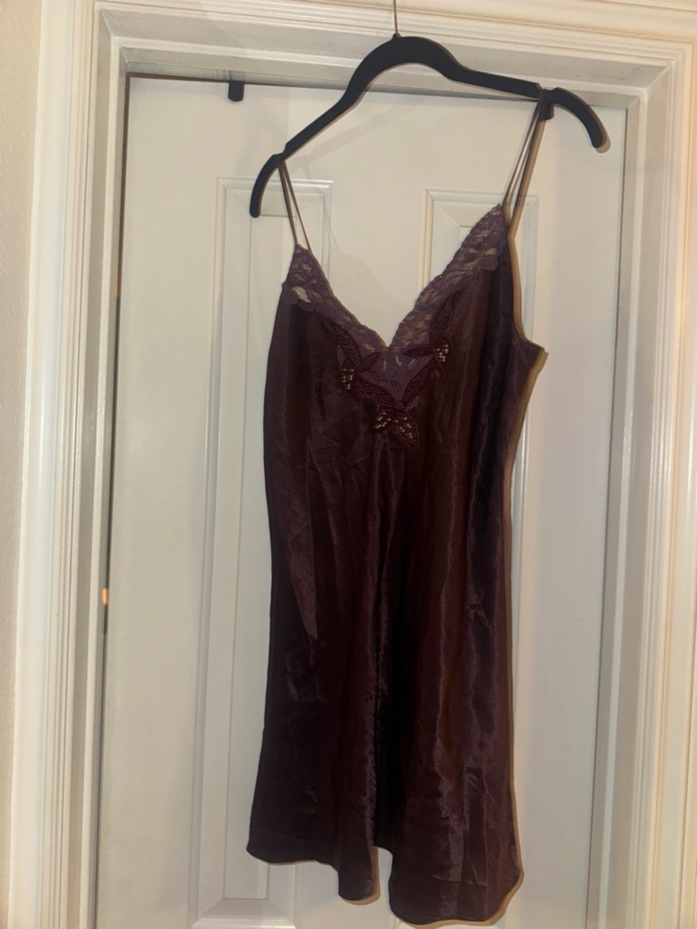 Silky Lace-Trim Slip Dress in Deep Plum
